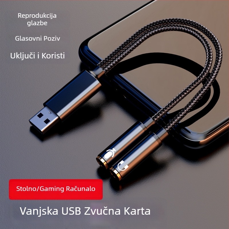 USB na 3,5 mm vanjska zvučna kartica adapter – 2-u-1 audio kabel, pozlaćeni konektori, bakreno jezgro