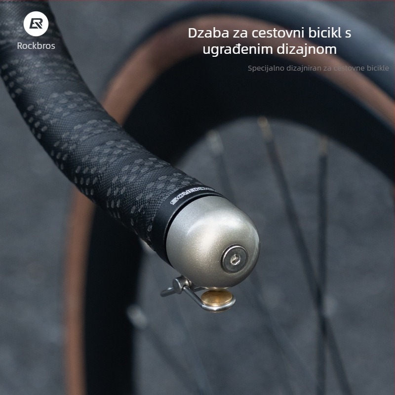 Zvončić za upravljač cestovnog bicikla s zakrivljenim umetkom, ROCKBROS, kućište zvončića od bakarno-izljevane legure + aluminijska osnova + plastični umetak, univerzalno