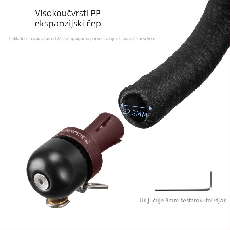 Zvončić za upravljač cestovnog bicikla s zakrivljenim umetkom, ROCKBROS, kućište zvončića od bakarno-izljevane legure + aluminijska osnova + plastični umetak, univerzalno