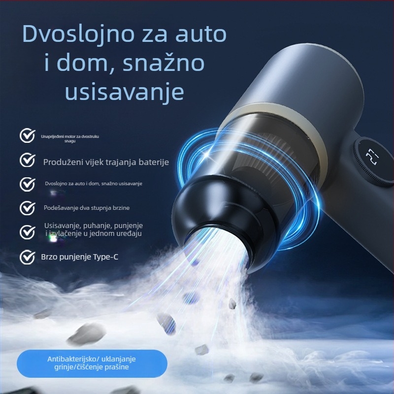 Usisavač za auto, ručni, USB napajanje, ugrađena baterija 1001–1600 mAh, usis 4100–5000 Pa, trajanje rada 1–3 h, napon ≤36V