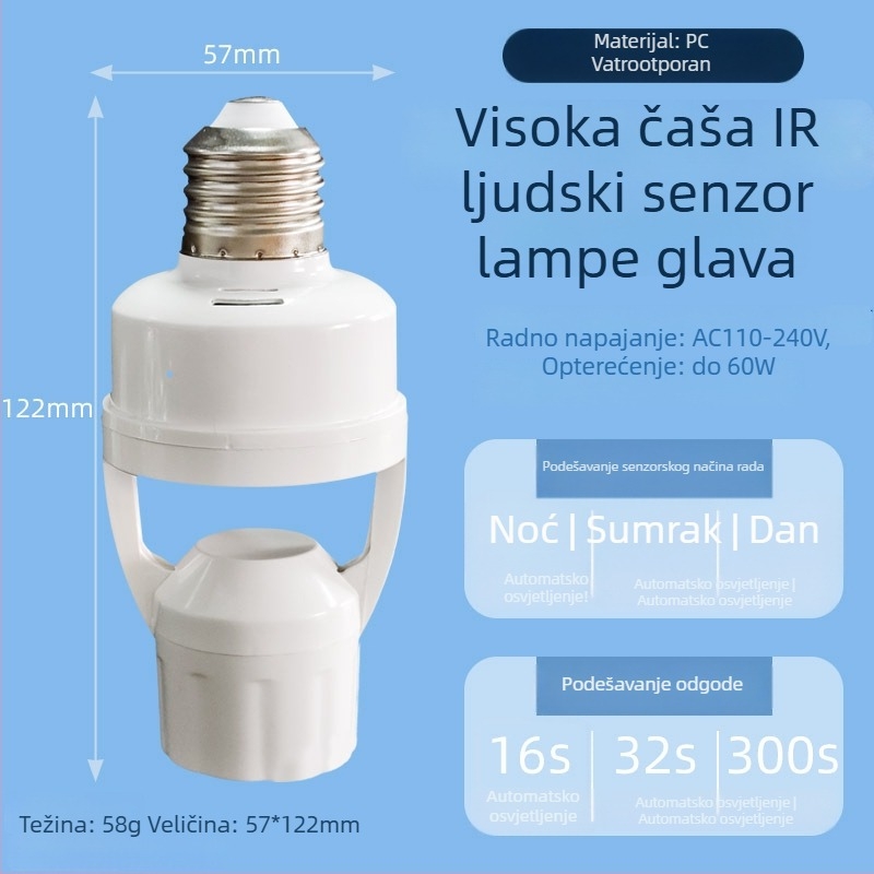 Lampa s PIR senzorom – E27 baza, prilagodljiva, za stepenice i hodnik, 0-440V, kašnjenje 1,5 s