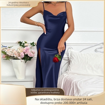 Strappy Ice Silk noćna haljina – bez rukava, bez ovratnika, dugačka za žene (Sve sezone; udobna i prozračna)