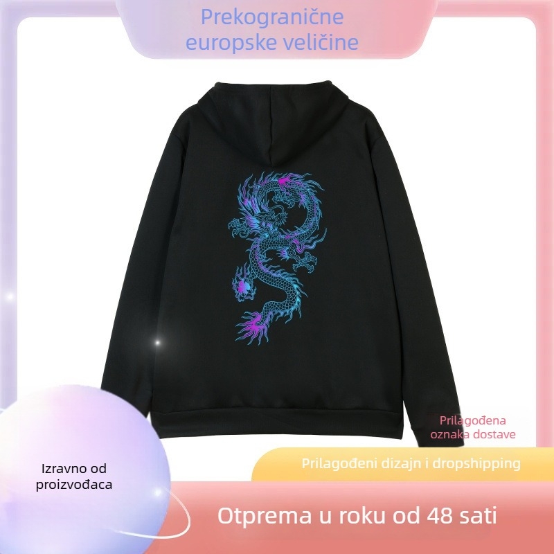 Kapuljačasti kardigan s printom, poliester tkanina 91–95%, težina 250–300 g, širok kroj