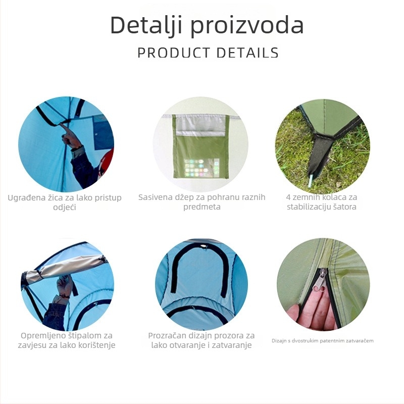 Vanjska prenosna brza otvarača šator za tuš i presvlačenje, jednosobni raspored, vodootporan <1000 mm, 170T srebrna poliester tkanina, prilagodljiva