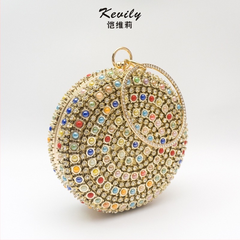 Okružna bubnasta torba s kristalnim perlama, poliester, ručna izrada, tvrda, zatvarač s klapnom, lančani remen