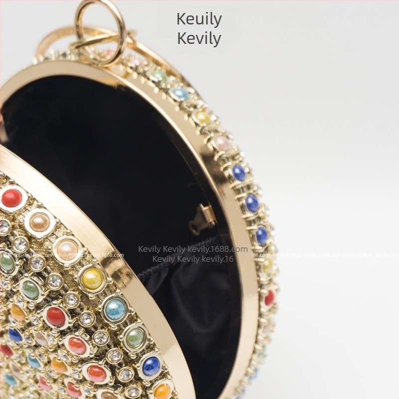 Okružna bubnasta torba s kristalnim perlama, poliester, ručna izrada, tvrda, zatvarač s klapnom, lančani remen