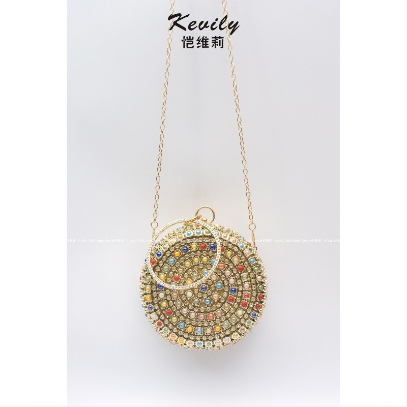 Okružna bubnasta torba s kristalnim perlama, poliester, ručna izrada, tvrda, zatvarač s klapnom, lančani remen