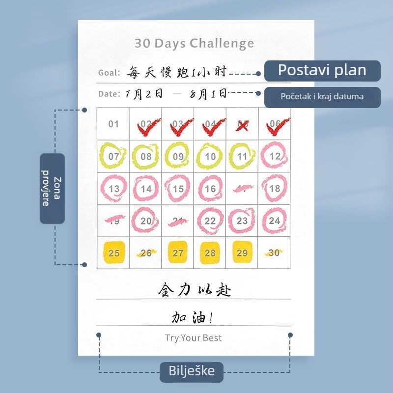 30-dnevni bilježnica s mjesečnim planerom, fokus na samodisciplinu, oblik papirnih blokova, bez ljepila