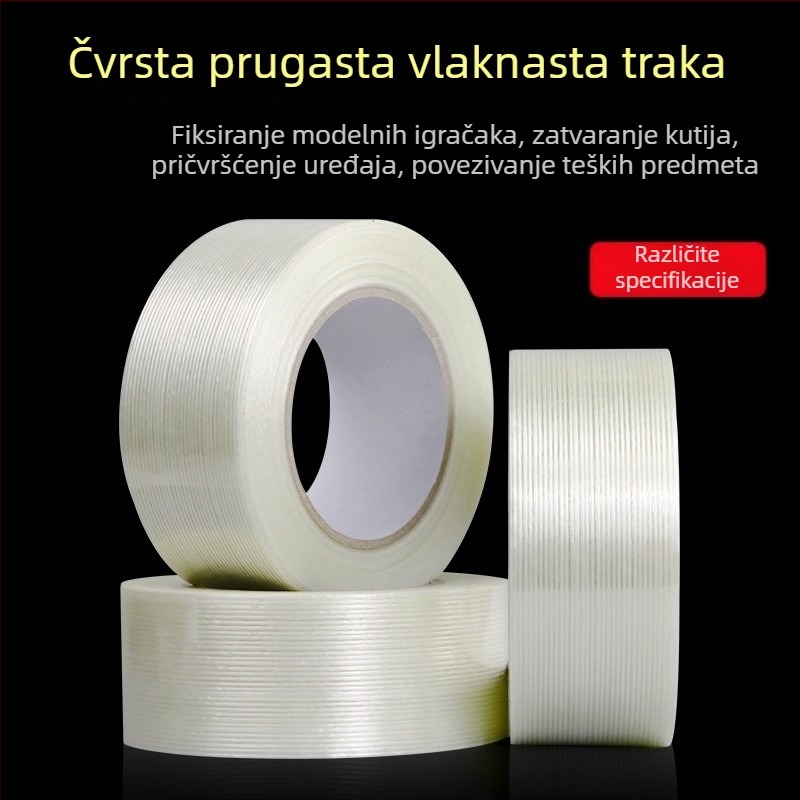 Traka od staklenih vlakana – Visoka adhezija, izolacija, otpornost na temperaturu i habanje (Širina: 10–1020 mm; Duljina: 50 m; Debljina: 130 μm; Osnovni materijal: vlakno; Adhezivni sustav: kaučuk)