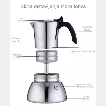 Moka lonac od nehrđajućeg čelika 304 za talijansku ekstrakciju espressa, s debelim dnom
