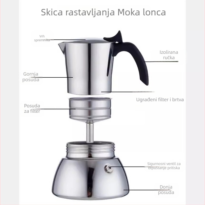 Moka lonac od nehrđajućeg čelika 304 za talijansku ekstrakciju espressa, s debelim dnom
