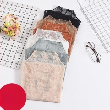 Ženska bluzica za podlogu od čipke s prorezima, dugi rukavi, polu-visoki ovratnik, poliester 80–90%, proljeće 2024