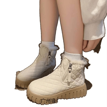 Ženske čizme za snijeg s velurovom unutrašnjom, srednje visoke, zimski stil, korejski stil, PU gornji dio, prednje vezivanje, debeli potplat 4–6 cm