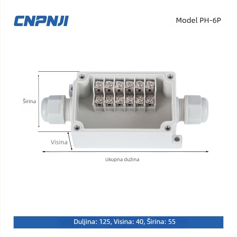 Vanjska vodootporna kutija za spojeve s 6P terminalnim blokom, kabelskim brtvama i ABS plastičnim kućištem