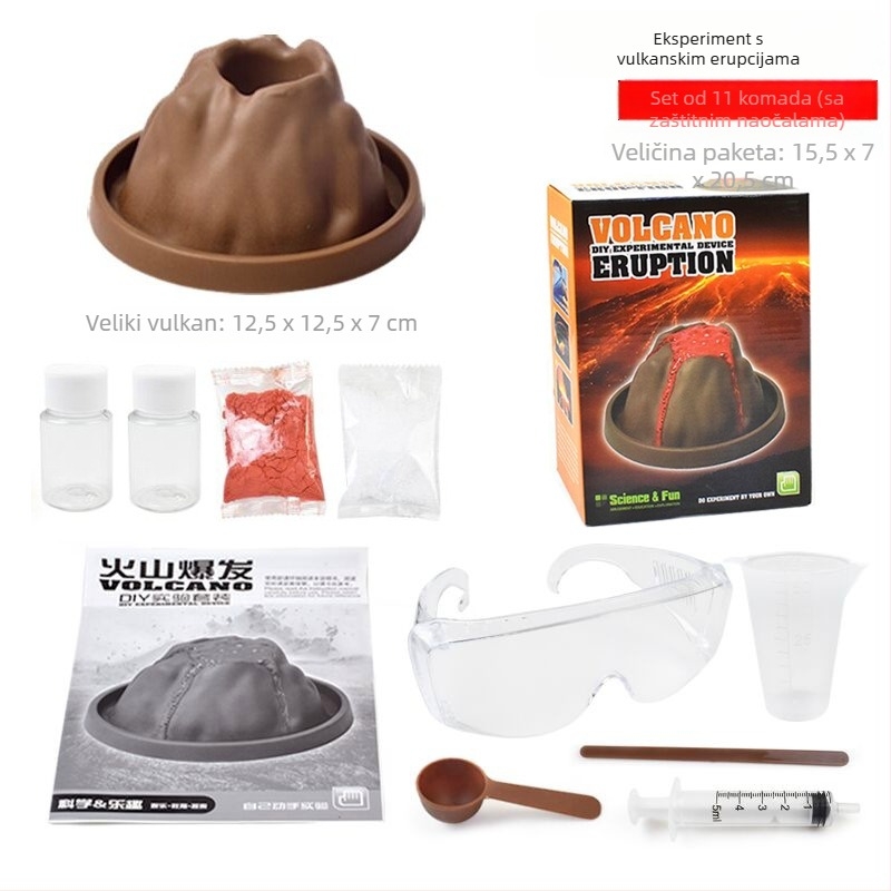 DIY set znanstvenih eksperimenata eruptirajućeg vulkana — plastična igračka za uzrast 7–14 godina, marka Like a Fish, uključuje kostim i kartonsku kutiju