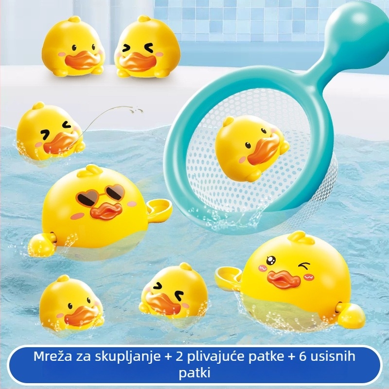 Set igračaka za kupanje s patkom — plastične vodene igračice za djecu, potiču osjetilni i kognitivni razvoj te koordinaciju ruke i oka; pogodno za uzrast 4–6 godina.