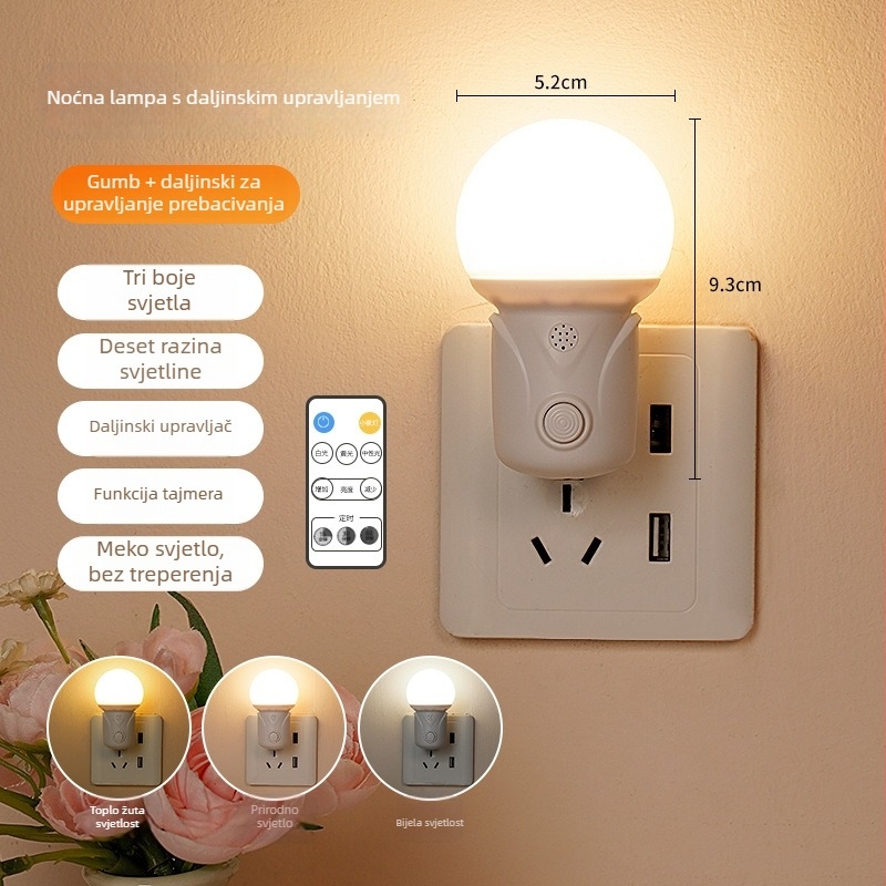 Noćna lampica s inteligentnim glasovnim upravljanjem za spavaću sobu (ABS abažur, 220V, napajanje iz utičnice, pametno upravljanje)