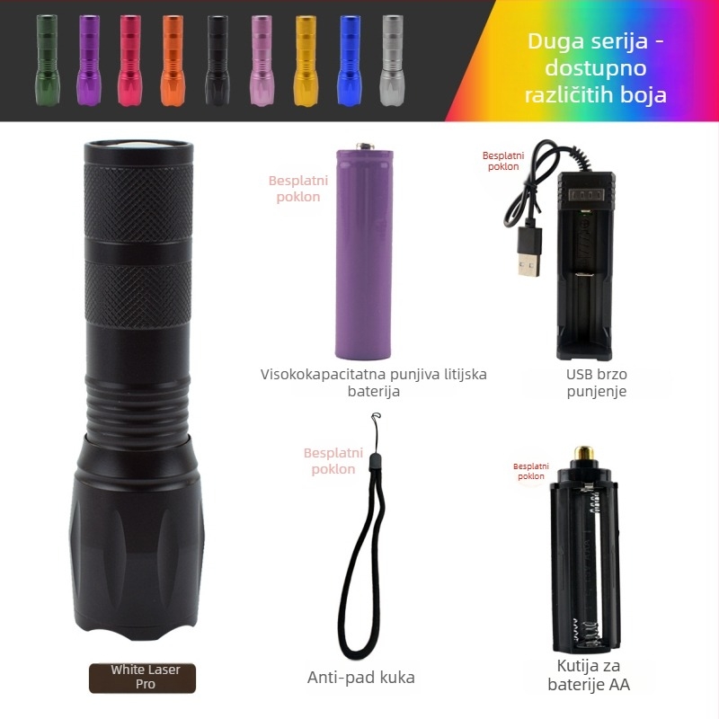 Prenosna LED svjetiljka za vanjsku upotrebu, 5W, 2500mAh, kućište od aluminijske legure, vodootporna, optičko zumiranje zraka 200–500m