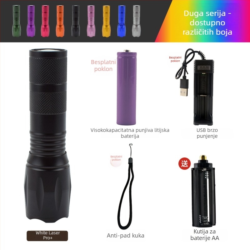 Prenosna LED svjetiljka za vanjsku upotrebu, 5W, 2500mAh, kućište od aluminijske legure, vodootporna, optičko zumiranje zraka 200–500m