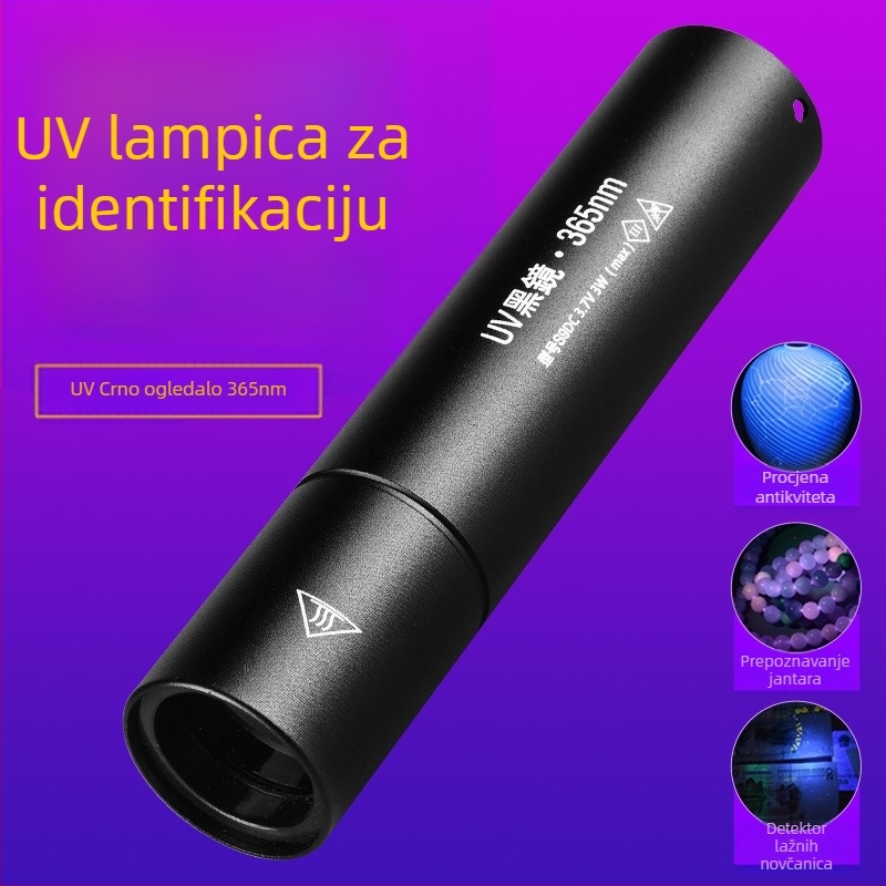 Ponovno napajana UV Wood's lampa s LED svjetlom 365 nm za otkrivanje fluorescencije, aluminijsko tijelo, 800 mAh baterija, uključen punjač