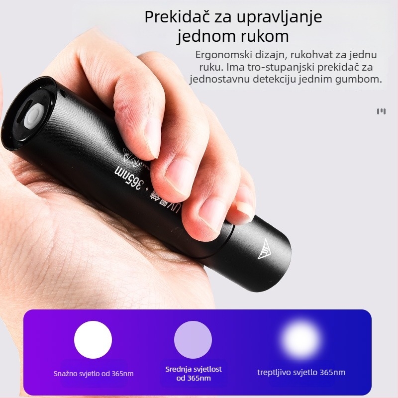 Ponovno napajana UV Wood's lampa s LED svjetlom 365 nm za otkrivanje fluorescencije, aluminijsko tijelo, 800 mAh baterija, uključen punjač