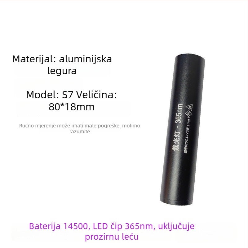 Ponovno napajana UV Wood's lampa s LED svjetlom 365 nm za otkrivanje fluorescencije, aluminijsko tijelo, 800 mAh baterija, uključen punjač