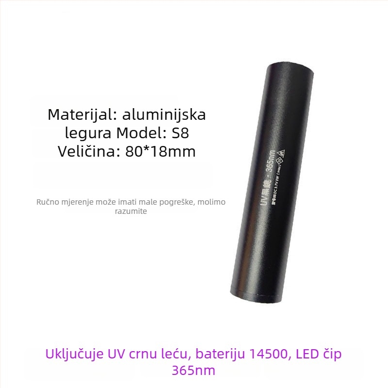 Ponovno napajana UV Wood's lampa s LED svjetlom 365 nm za otkrivanje fluorescencije, aluminijsko tijelo, 800 mAh baterija, uključen punjač