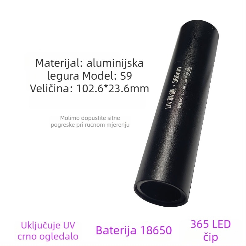 Ponovno napajana UV Wood's lampa s LED svjetlom 365 nm za otkrivanje fluorescencije, aluminijsko tijelo, 800 mAh baterija, uključen punjač