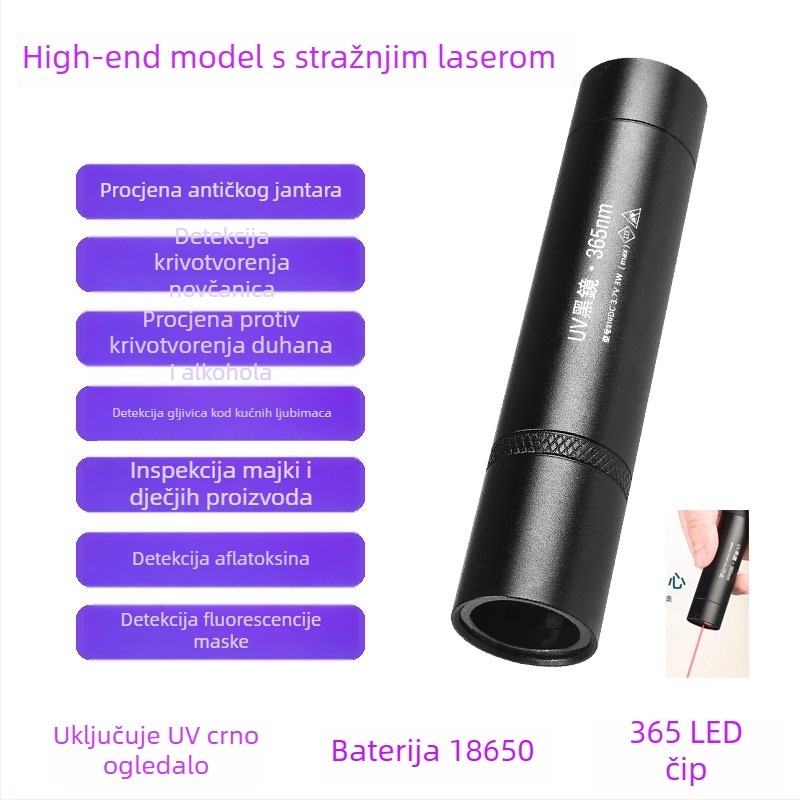 Ponovno napajana UV Wood's lampa s LED svjetlom 365 nm za otkrivanje fluorescencije, aluminijsko tijelo, 800 mAh baterija, uključen punjač