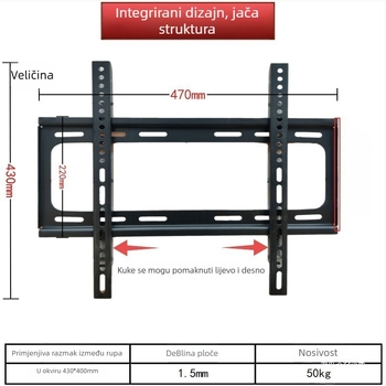 Integrirani zidni nosač za televizor, univerzalna kompatibilnost, model 3265, nosivost 5-10 kg