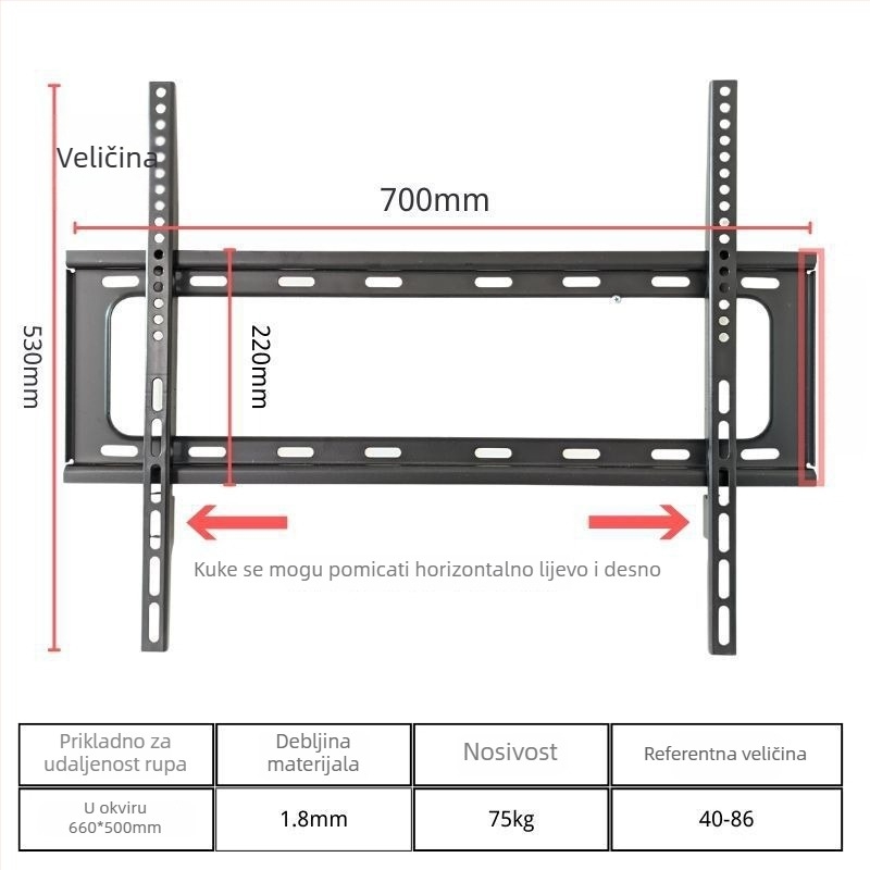 Integrirani zidni nosač za televizor, univerzalna kompatibilnost, model 3265, nosivost 5-10 kg