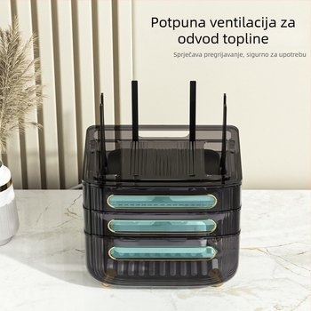 Kutija za pohranu usmjerivača – 3‑stupanjski stolni organizator za usmjerivač, modem i set-top kutiju, otporan na prašinu, plastika, bez ugradnje i bušenja, stil svjetlosnog luksuza