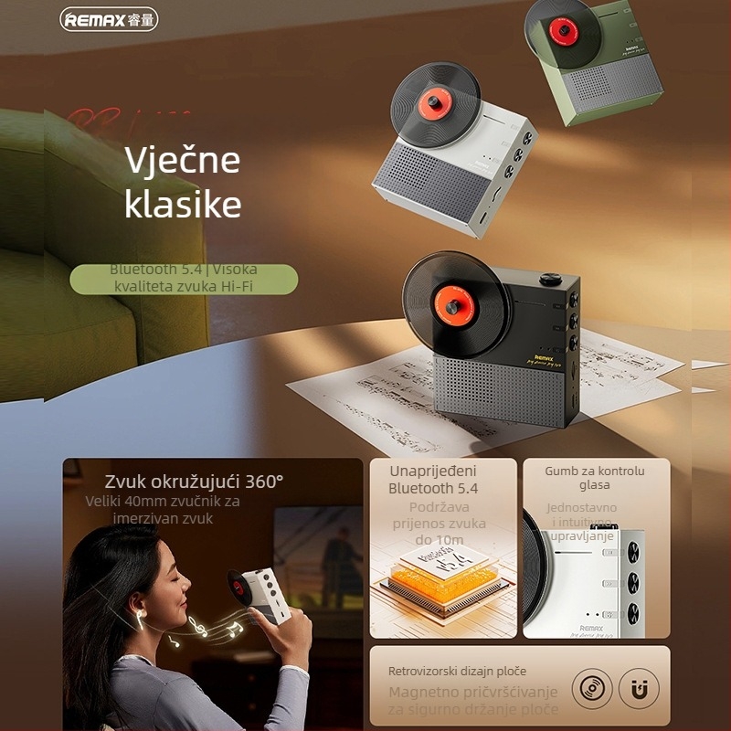 Retro Bluetooth stolni zvučnik s ugrađenom baterijom 1000–1200mAh, izlaz 5W, frekvencijski raspon 30Hz–15kHz, domet 10 m