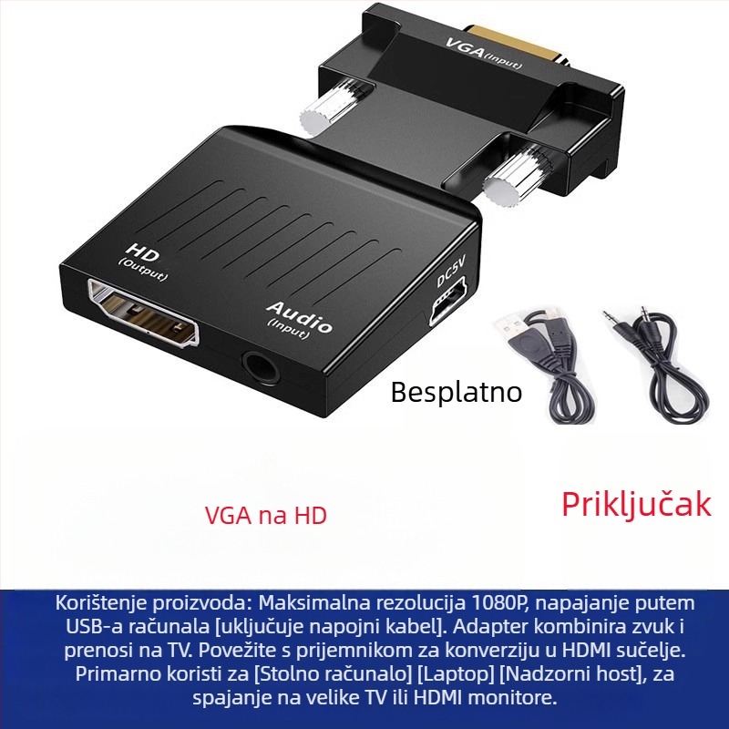 Zlatno pozlaćeni HDMI/VGA/HDMI konverter — adapter, HDMI-B sučelje, model Converter, podržava upravljanje napajanjem, daljinsko buđenje nije podržano