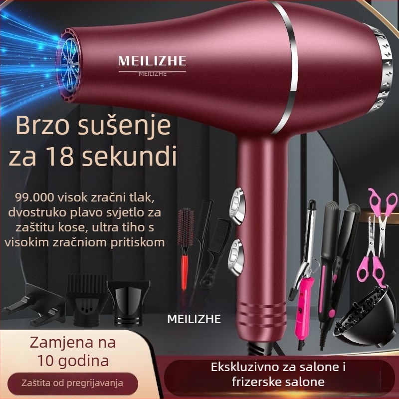 Sušilo za kosu visokih performansi, četkasti motor, podešavanje hladnog/toplog zraka, 3 brzine protoka zraka, jedna mlaznica, stalna kontrola temperature