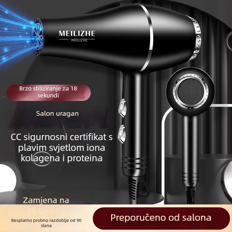 Sušilo za kosu visokih performansi, četkasti motor, podešavanje hladnog/toplog zraka, 3 brzine protoka zraka, jedna mlaznica, stalna kontrola temperature