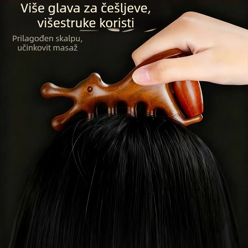 Drveni masažni češanj od sandalovine – meridijanski masažer za skalp i lice, 4-u-1 roller za lice i gua sha masažer
