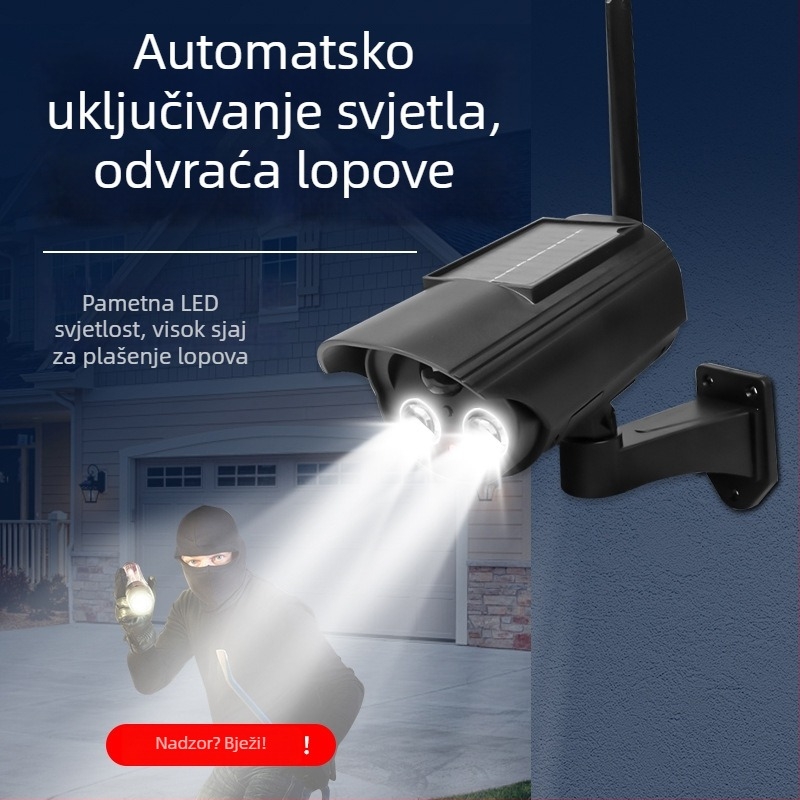 Solarno osvjetljenje s senzorom pokreta i simuliranom kamerom, za unutarnju i vanjsku upotrebu, infracrveno noćno vidno do 5 m, ABS plastično kućište, napon 3,7V, radna temperatura -5°C do 55°C