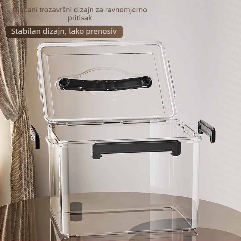 Zatvoren prozirni PET kutija za skladištenje s ručkom — čvrst dizajn, pogodna za kućnu i uredsku upotrebu, otporna na prašinu i vlagu.