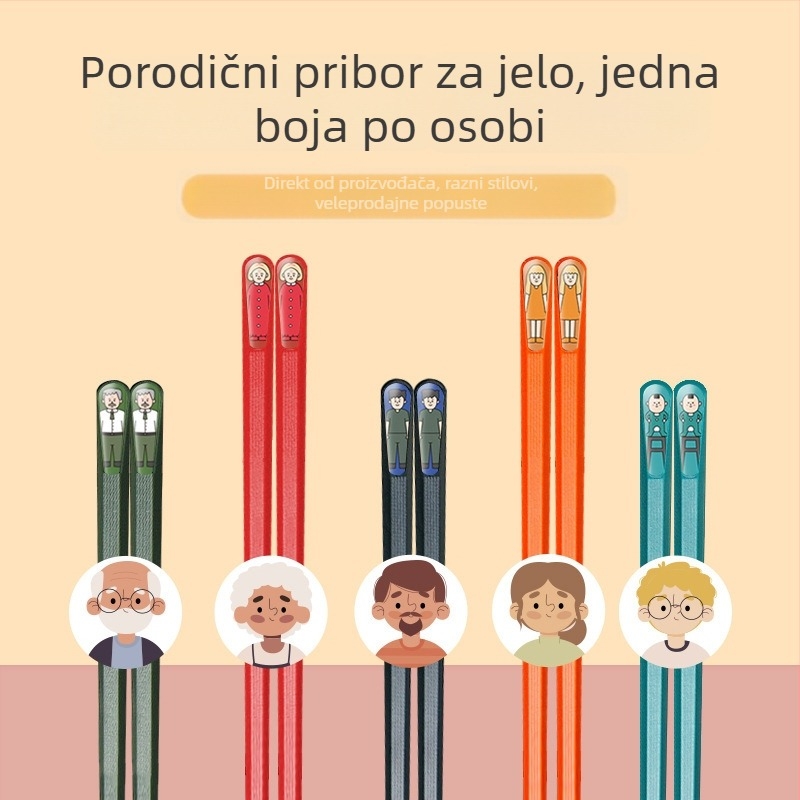 Štapići za jelo za obitelj, 5 parova, otporni na vlagu i protuklizni, motiv crtić, PET materijal