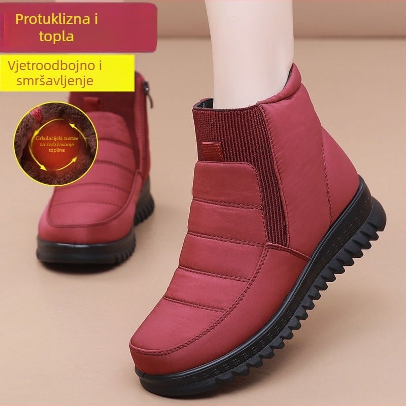 Ženske zimske čizme za snijeg – vodootporne, protuklizne, toplo podstavljene, visoke s bočnim zatvaračem (peta 3–5 cm, gumeni potplat)