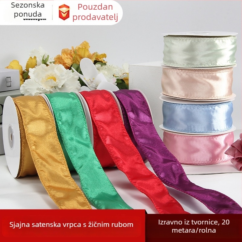 Satenska traka s žičnim rubom, jednostrana, poliester, marka Ckacheychi/khakiqi, za božićne ukrase, pakiranje poklona, cvjetne aranžmane