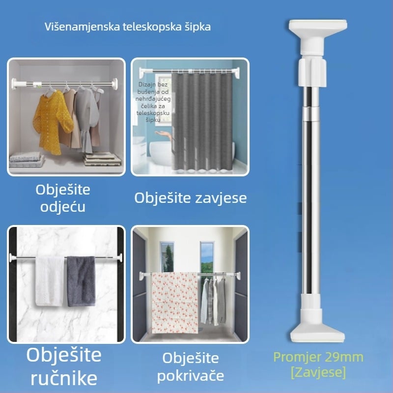 Teleskopska šipka od nehrđajućeg čelika za sušenje rublja na balkon – ojačana, višenamjenska za zavjese/garderobu/tuš zavjesu