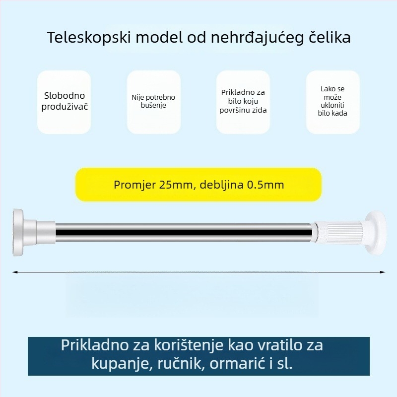 Teleskopna zavjesa šipka, bez bušenja, nehrđajući čelik/karbonska čelika/ABS, za tuš, garderobu i pregradnik spavaće sobe, moderni minimalistički stil