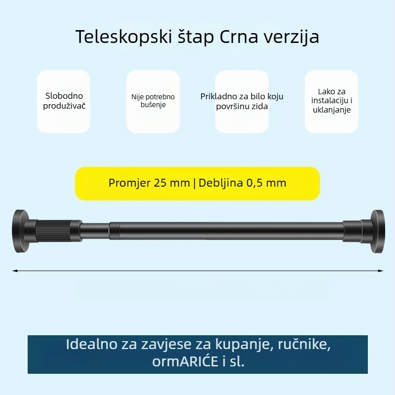 Teleskopna zavjesa šipka, bez bušenja, nehrđajući čelik/karbonska čelika/ABS, za tuš, garderobu i pregradnik spavaće sobe, moderni minimalistički stil