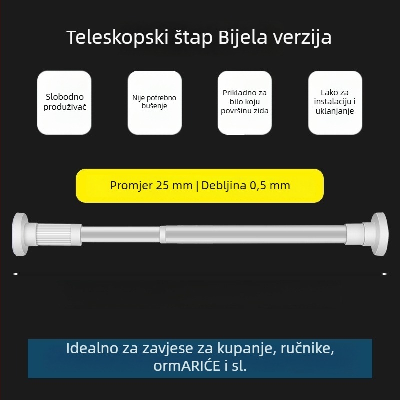 Teleskopna zavjesa šipka, bez bušenja, nehrđajući čelik/karbonska čelika/ABS, za tuš, garderobu i pregradnik spavaće sobe, moderni minimalistički stil