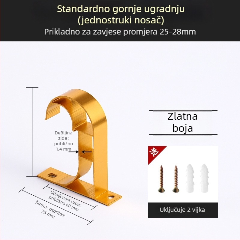 Držač za zavjese od aluminijske legure – za jednoručnu ili dvostruku šinu – fiksna osnova – gornja ili bočna ugradnja