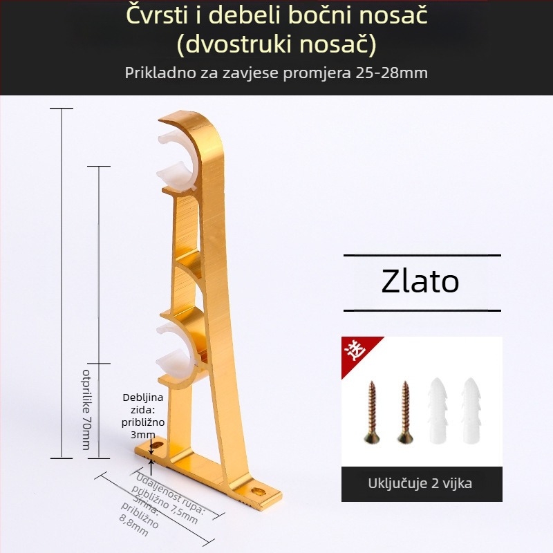 Držač za zavjese od aluminijske legure – za jednoručnu ili dvostruku šinu – fiksna osnova – gornja ili bočna ugradnja