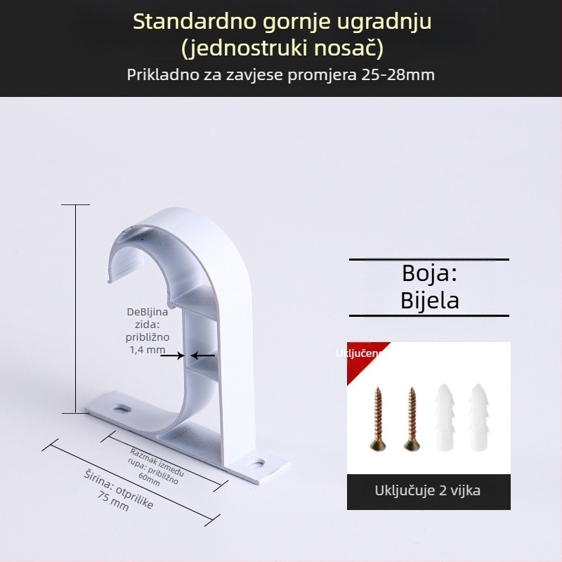 Držač za zavjese od aluminijske legure – za jednoručnu ili dvostruku šinu – fiksna osnova – gornja ili bočna ugradnja