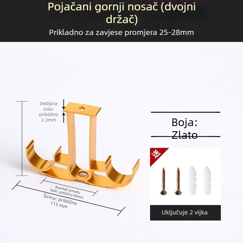 Držač za zavjese od aluminijske legure – za jednoručnu ili dvostruku šinu – fiksna osnova – gornja ili bočna ugradnja